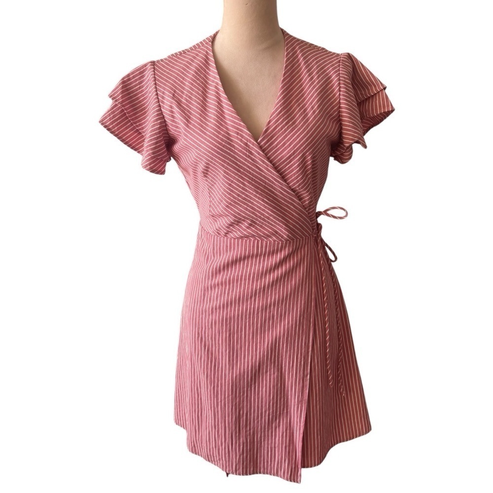 Francesca’s Harper Heritage Pink White Striped Ruffle Sleeve Wrap Dress Large - Picture 2 of 12